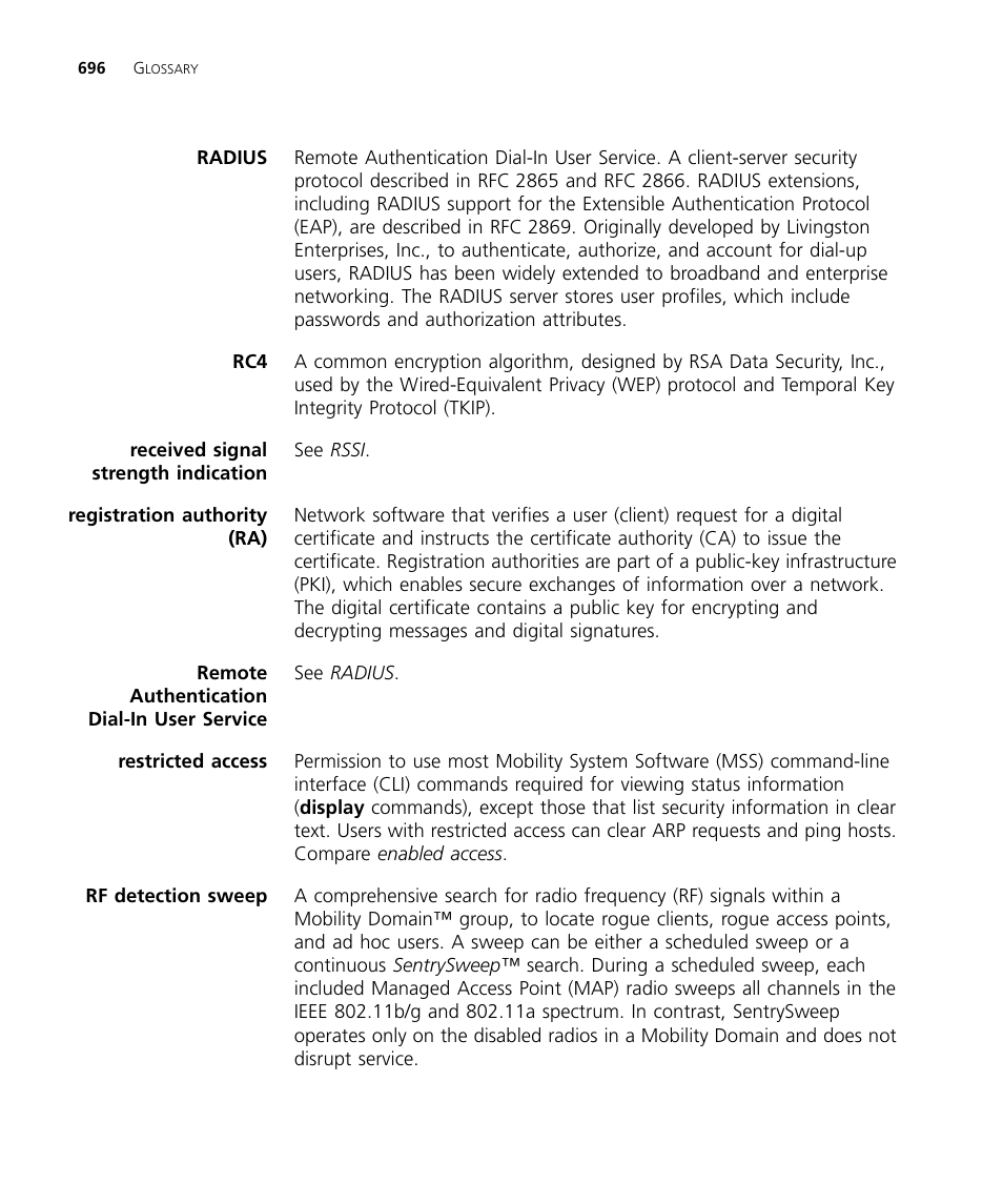 Radius, Registration authority (ra), Restricted access | 3Com WX4400 3CRWX440095A User Manual | Page 696 / 728