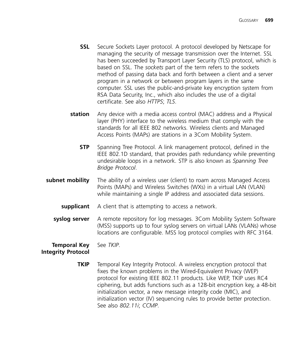 Tkip, Supplicant, Also ssl | 3Com WX4400 3CRWX440095A User Manual | Page 699 / 728