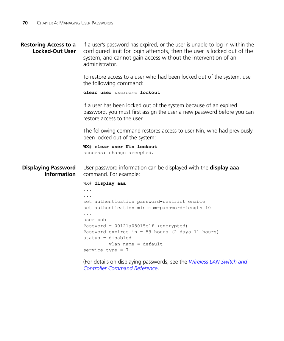 Restoring access to a locked-out user, Displaying password information | 3Com WX4400 3CRWX440095A User Manual | Page 70 / 728