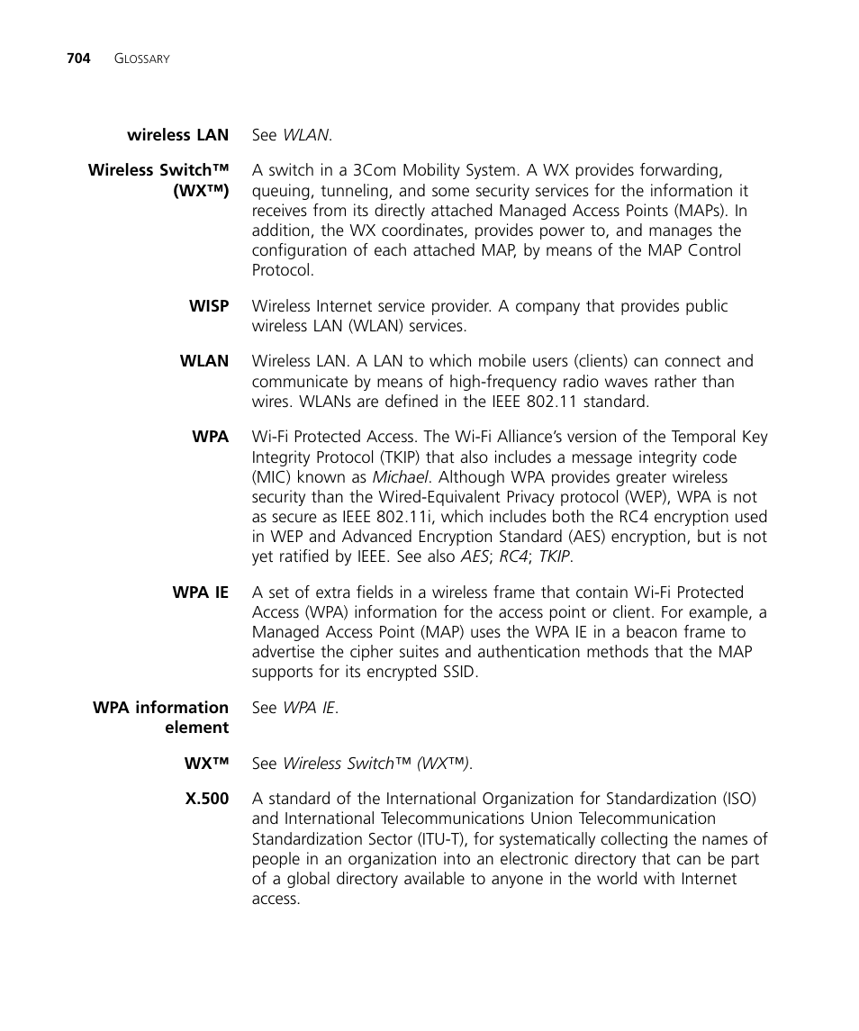 Wpa . compar, Wpa ie, Wlan | Wisp | 3Com WX4400 3CRWX440095A User Manual | Page 704 / 728