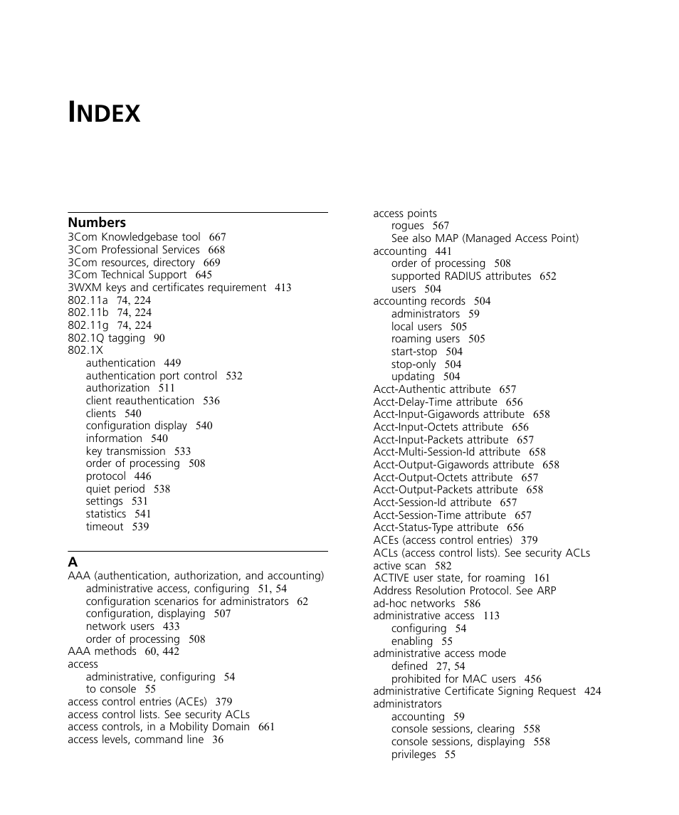 Index, Ndex, Numbers | 3Com WX4400 3CRWX440095A User Manual | Page 707 / 728