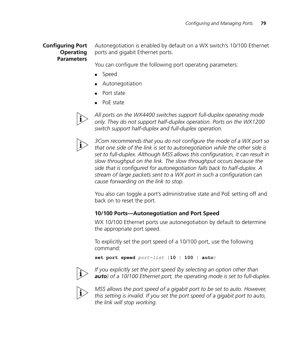 Configuring port operating parameters, 10/100 ports-autonegotiation and port speed | 3Com WX4400 3CRWX440095A User Manual | Page 79 / 728