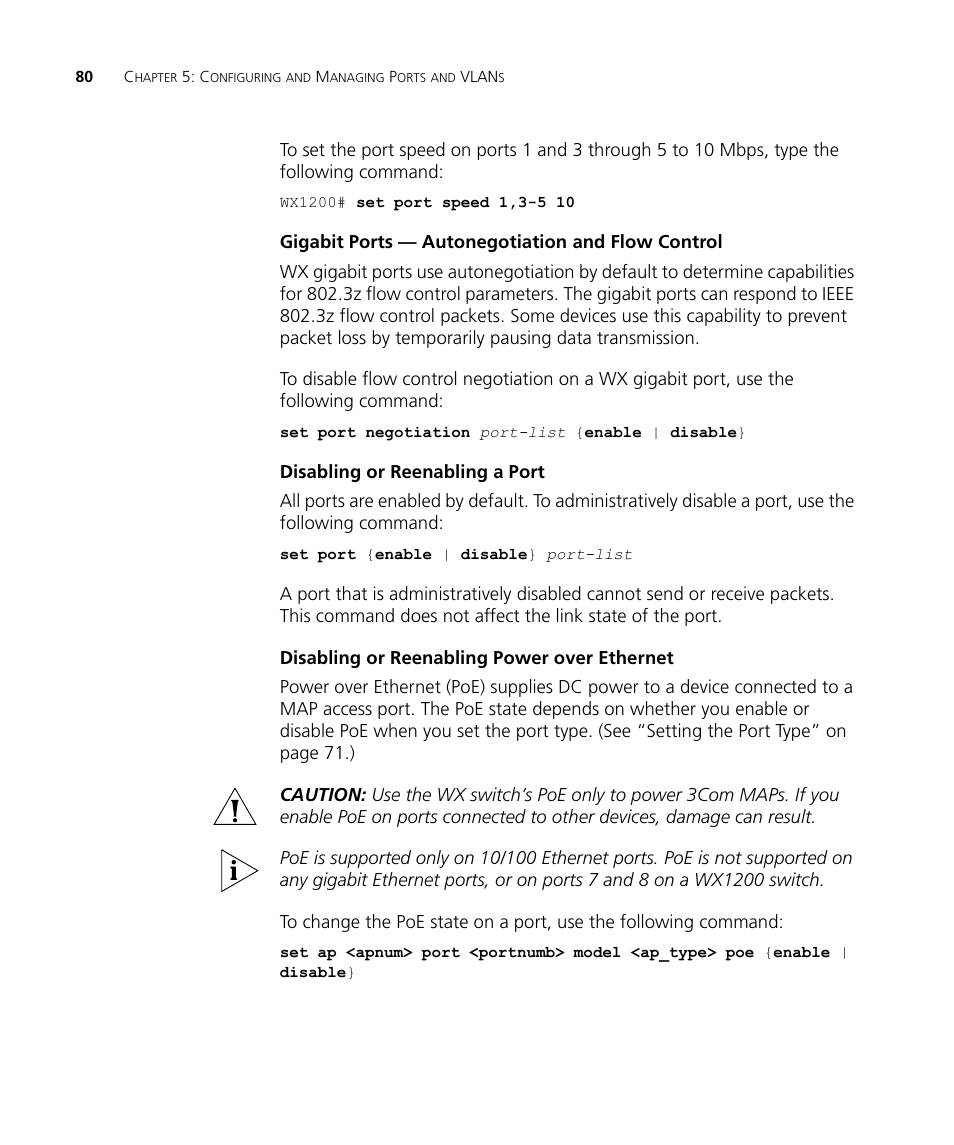 Gigabit ports - autonegotiation and flow control, Disabling or reenabling a port, Disabling or reenabling power over ethernet | 3Com WX4400 3CRWX440095A User Manual | Page 80 / 728