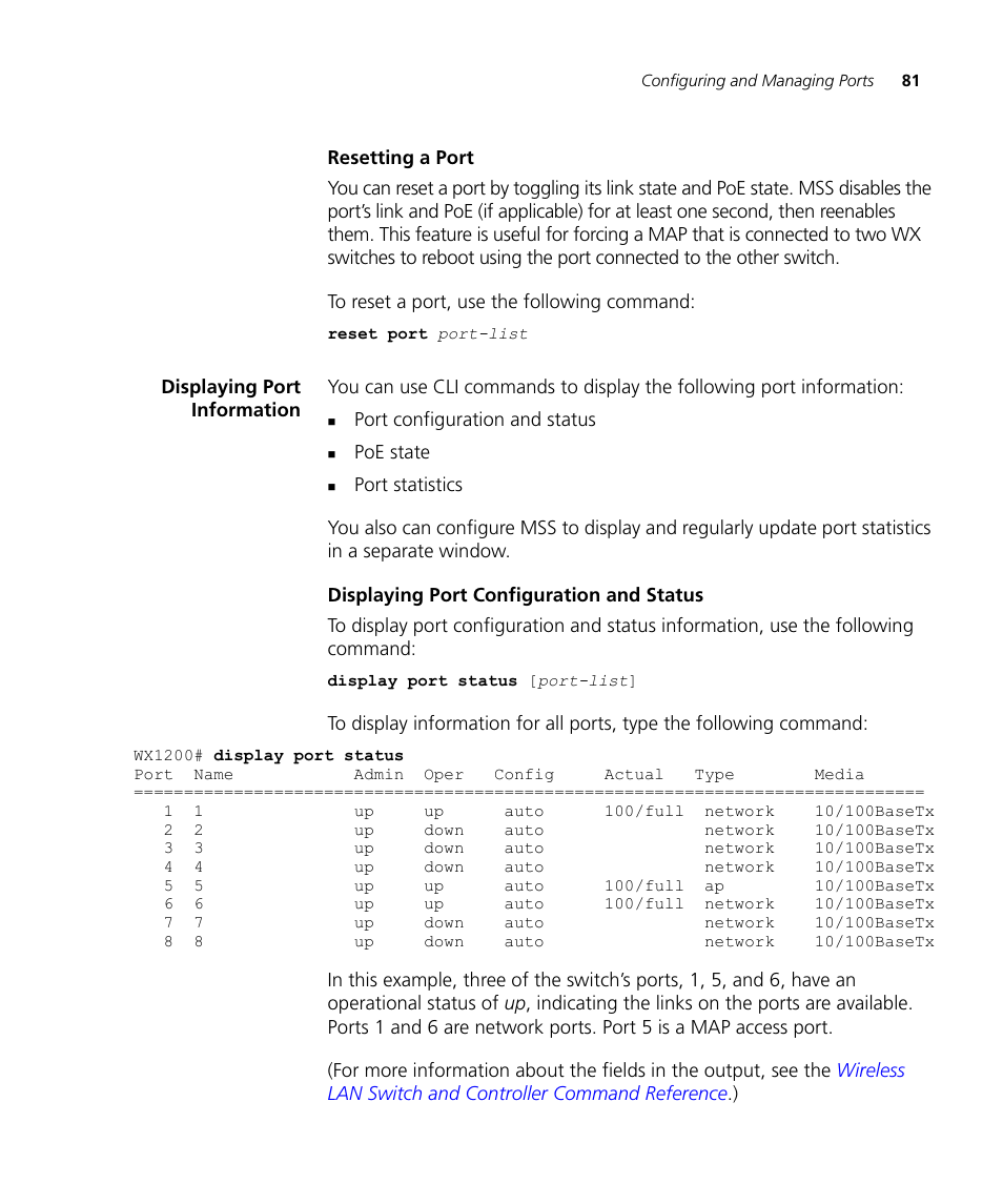 Resetting a port, Displaying port information, Displaying port configuration and status | 3Com WX4400 3CRWX440095A User Manual | Page 81 / 728