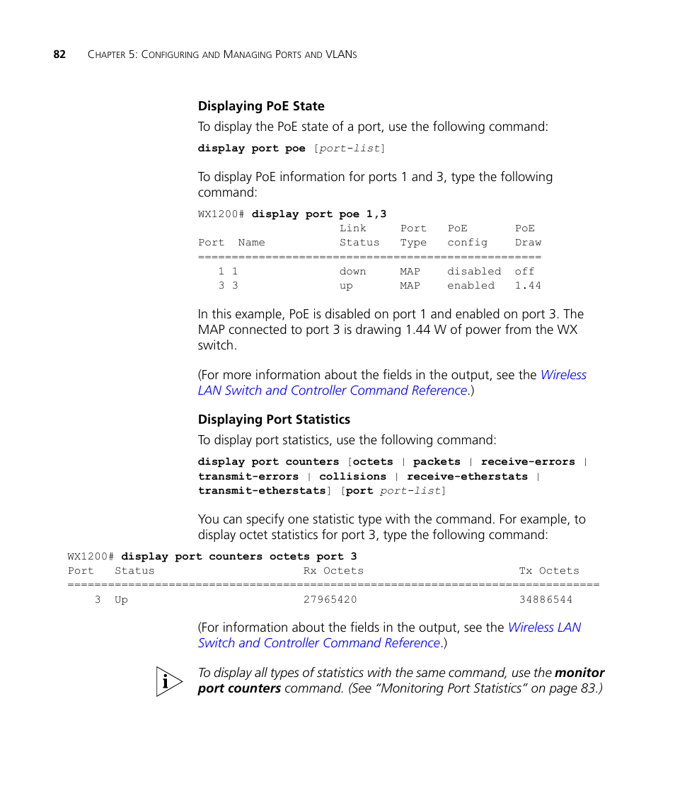Displaying poe state, Displaying port statistics | 3Com WX4400 3CRWX440095A User Manual | Page 82 / 728