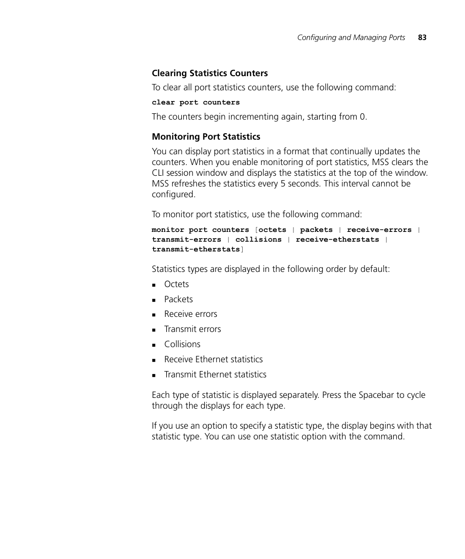 Clearing statistics counters, Monitoring port statistics | 3Com WX4400 3CRWX440095A User Manual | Page 83 / 728