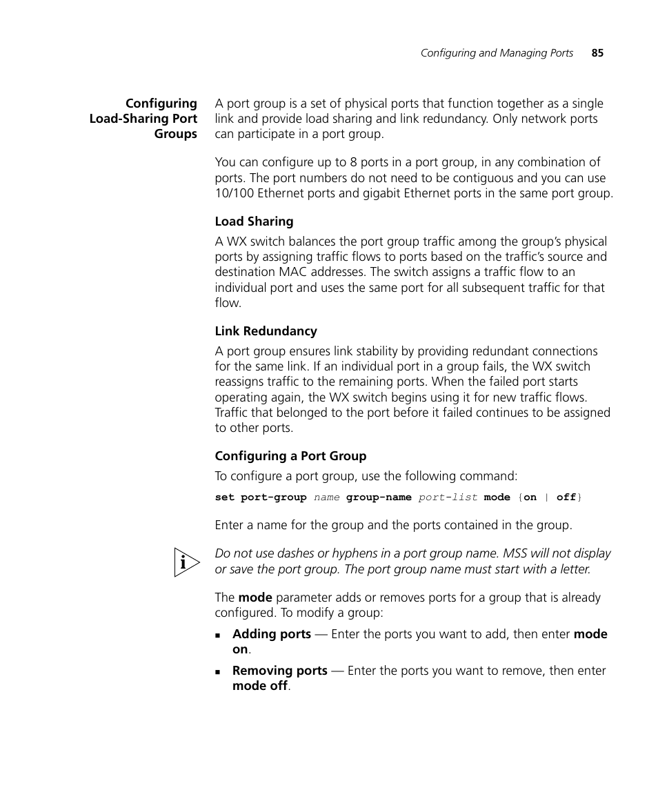 Configuring load-sharing port groups, Load sharing, Link redundancy | Configuring a port group | 3Com WX4400 3CRWX440095A User Manual | Page 85 / 728