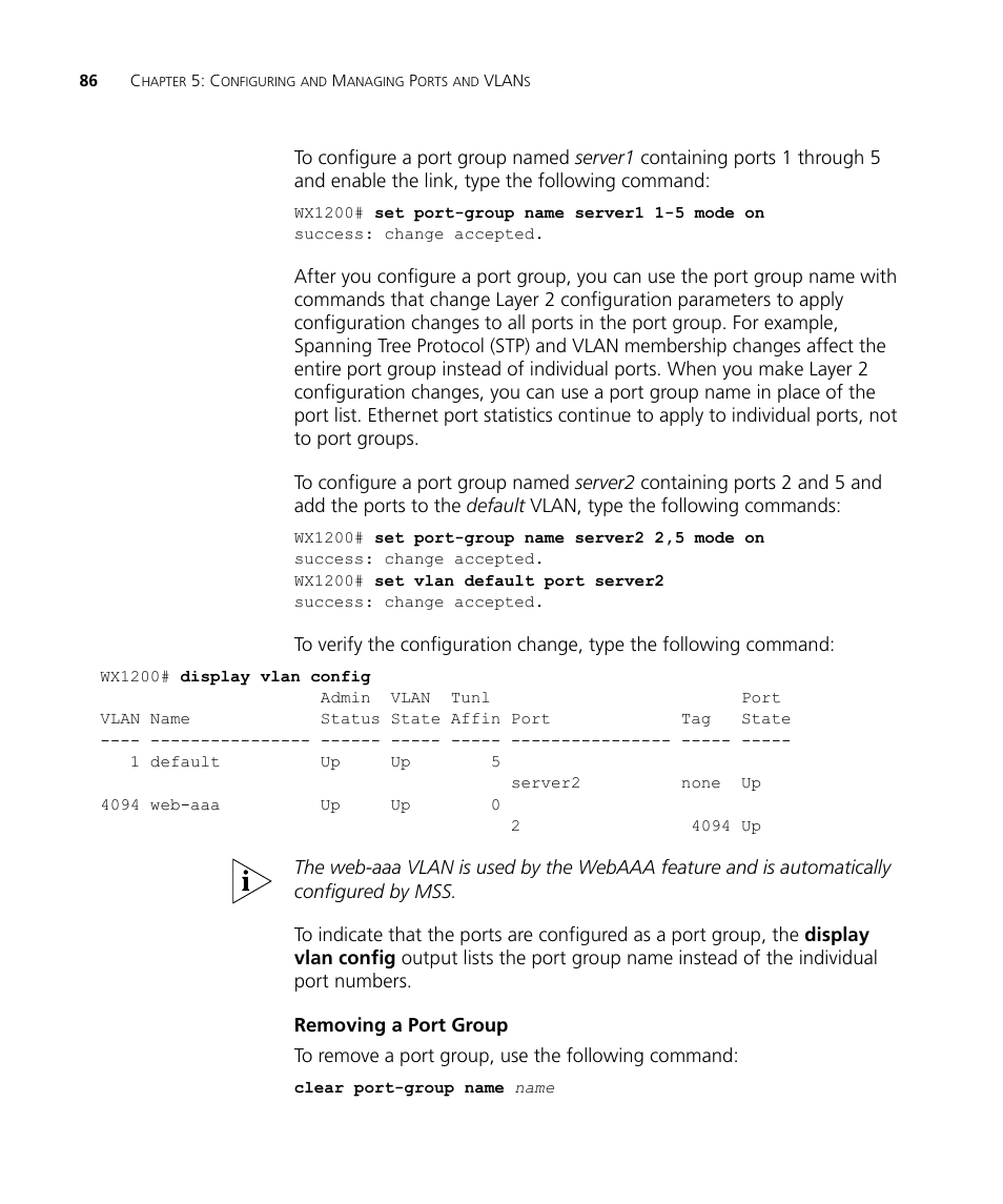 Removing a port group | 3Com WX4400 3CRWX440095A User Manual | Page 86 / 728