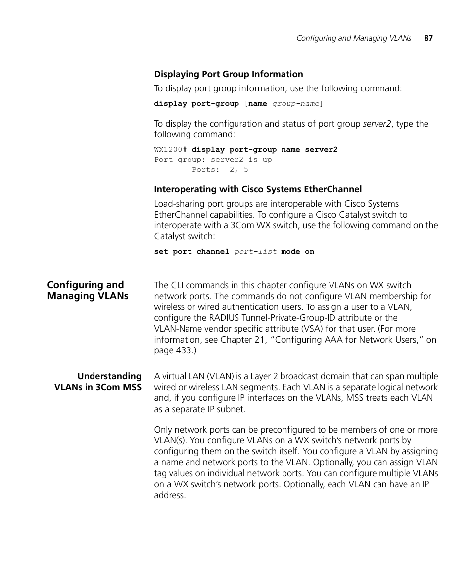 Displaying port group information, Interoperating with cisco systems etherchannel, Configuring and managing vlans | Understanding vlans in 3com mss | 3Com WX4400 3CRWX440095A User Manual | Page 87 / 728