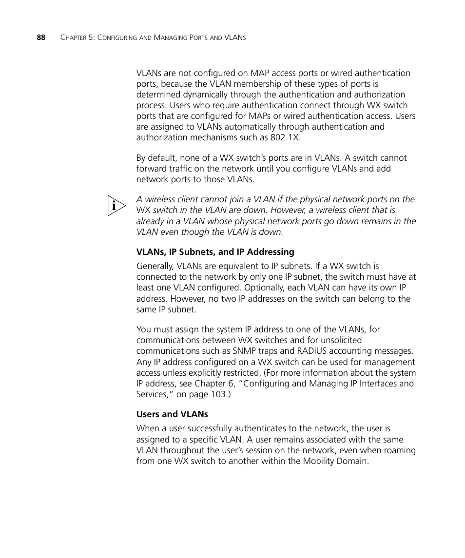 Vlans, ip subnets, and ip addressing, Users and vlans | 3Com WX4400 3CRWX440095A User Manual | Page 88 / 728