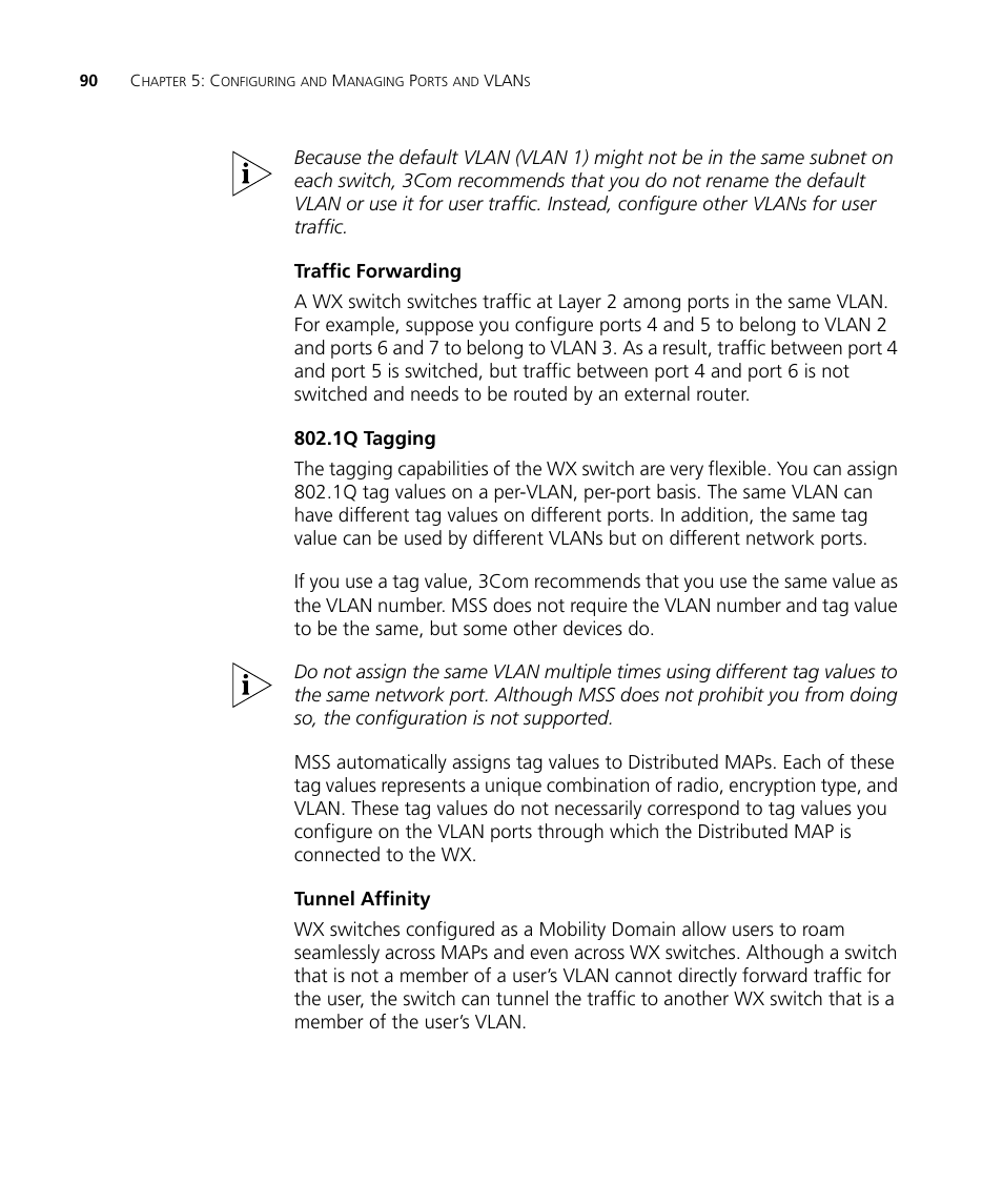 Traffic forwarding, 1q tagging, Tunnel affinity | 3Com WX4400 3CRWX440095A User Manual | Page 90 / 728