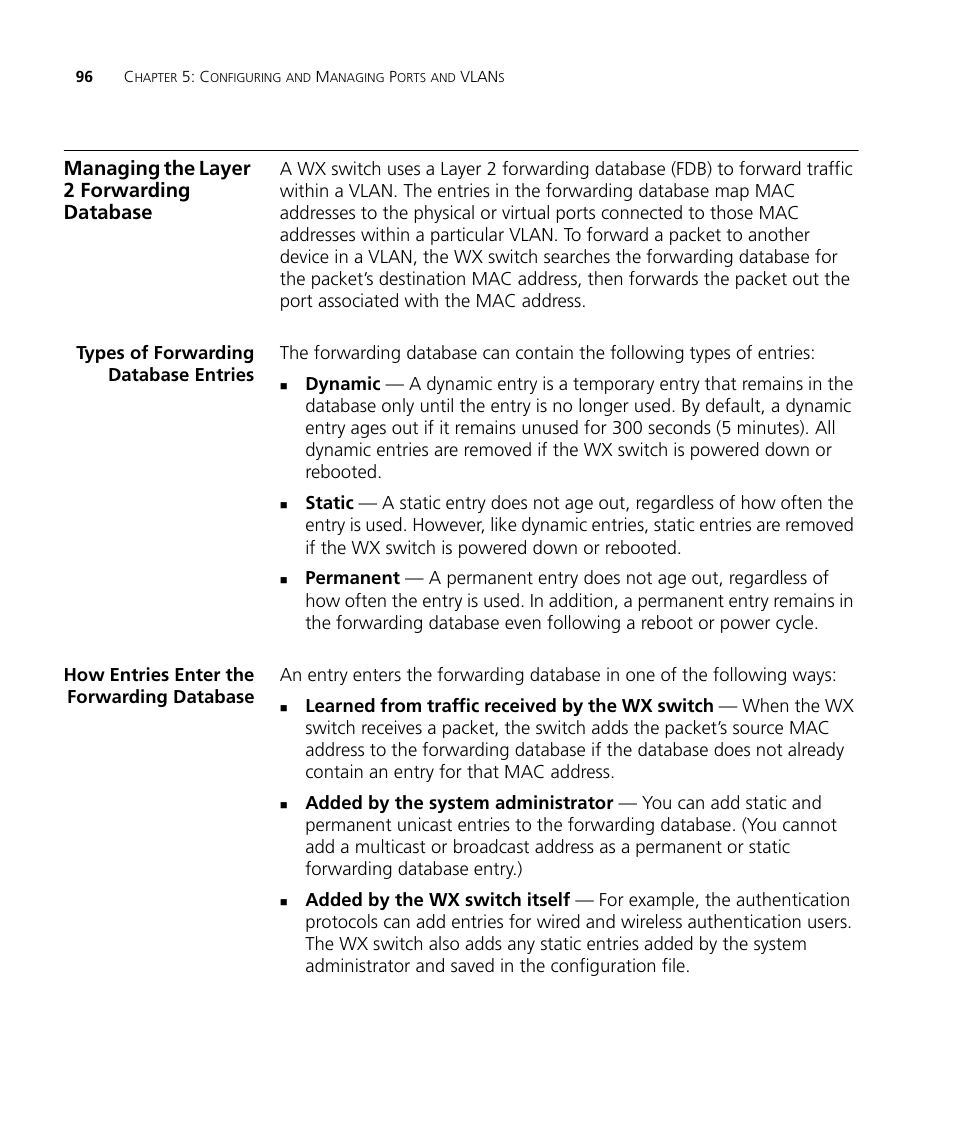Managing the layer 2 forwarding database, Types of forwarding database entries, How entries enter the forwarding database | 3Com WX4400 3CRWX440095A User Manual | Page 96 / 728