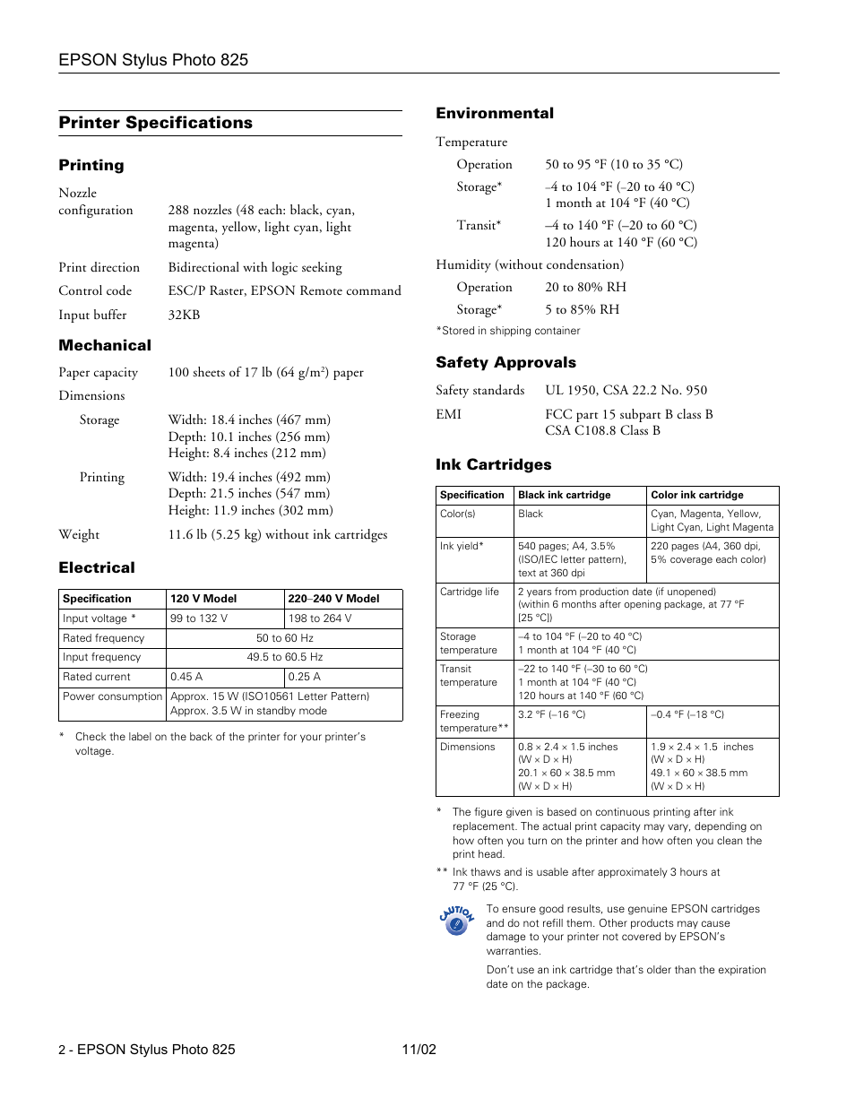 Printer specifications, Printing, Mechanical | Electrical, Environmental, Safety approvals, Ink cartridges, Epson stylus photo 825 | Epson Stylus Photo 825 User Manual | Page 2 / 10