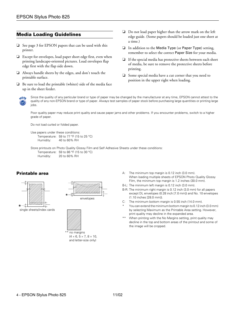 Media loading guidelines, Printable area, Epson stylus photo 825 | Epson Stylus Photo 825 User Manual | Page 4 / 10