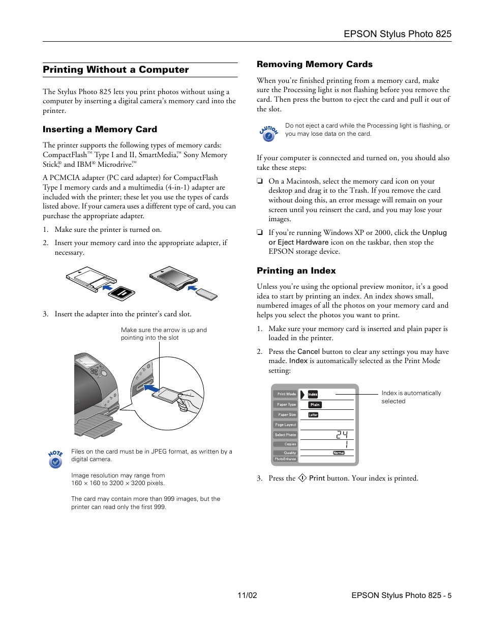 Printing without a computer, Inserting a memory card, Removing memory cards | Printing an index, Epson stylus photo 825 | Epson Stylus Photo 825 User Manual | Page 5 / 10