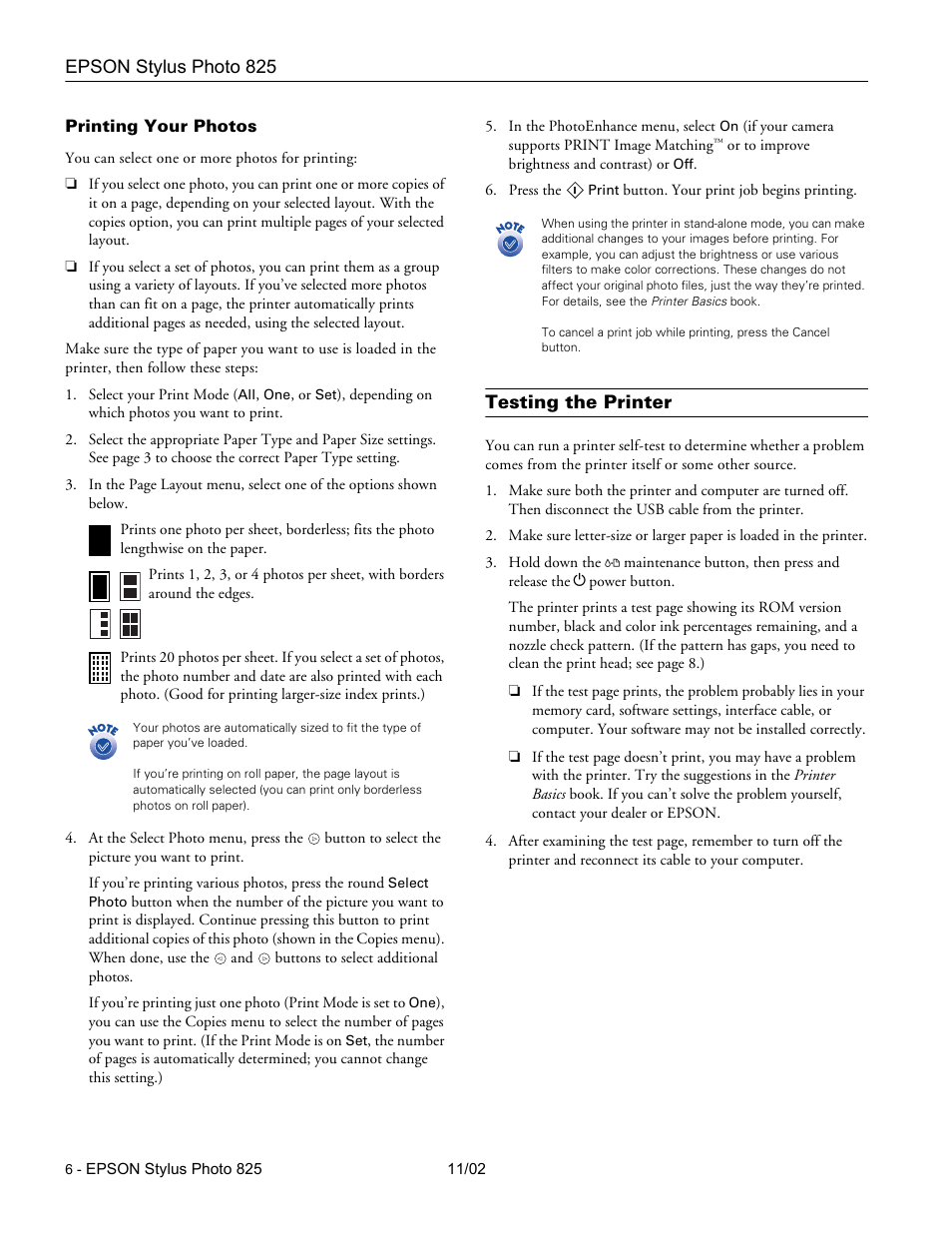 Printing your photos, Testing the printer | Epson Stylus Photo 825 User Manual | Page 6 / 10