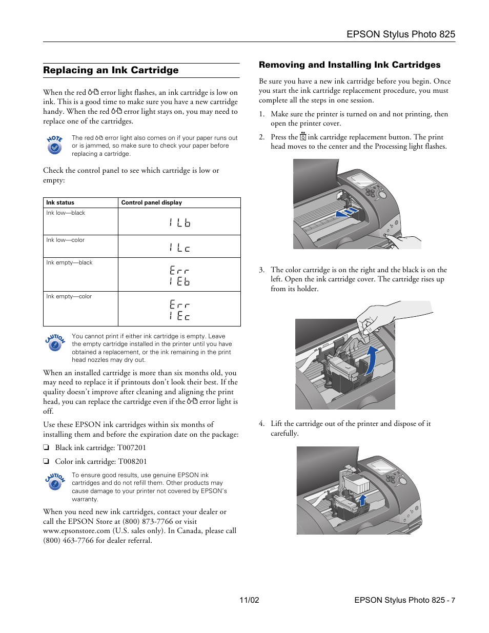 Replacing an ink cartridge, Removing and installing ink cartridges | Epson Stylus Photo 825 User Manual | Page 7 / 10