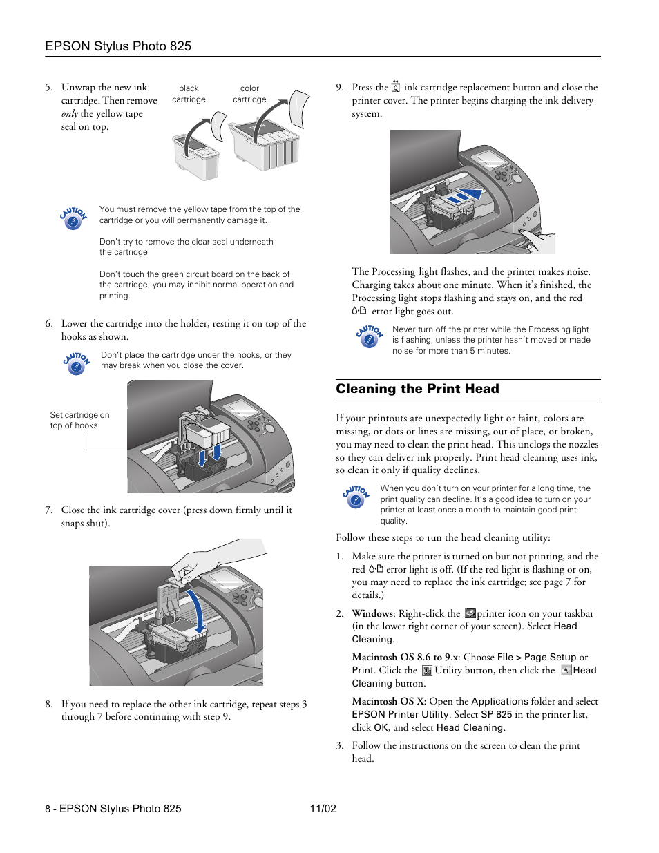 Cleaning the print head | Epson Stylus Photo 825 User Manual | Page 8 / 10