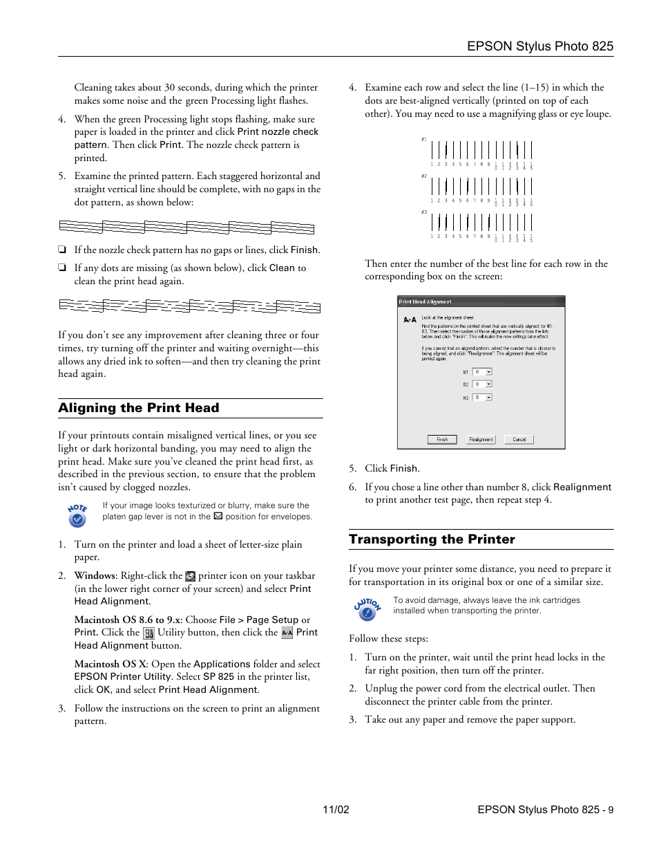 Aligning the print head, Transporting the printer | Epson Stylus Photo 825 User Manual | Page 9 / 10