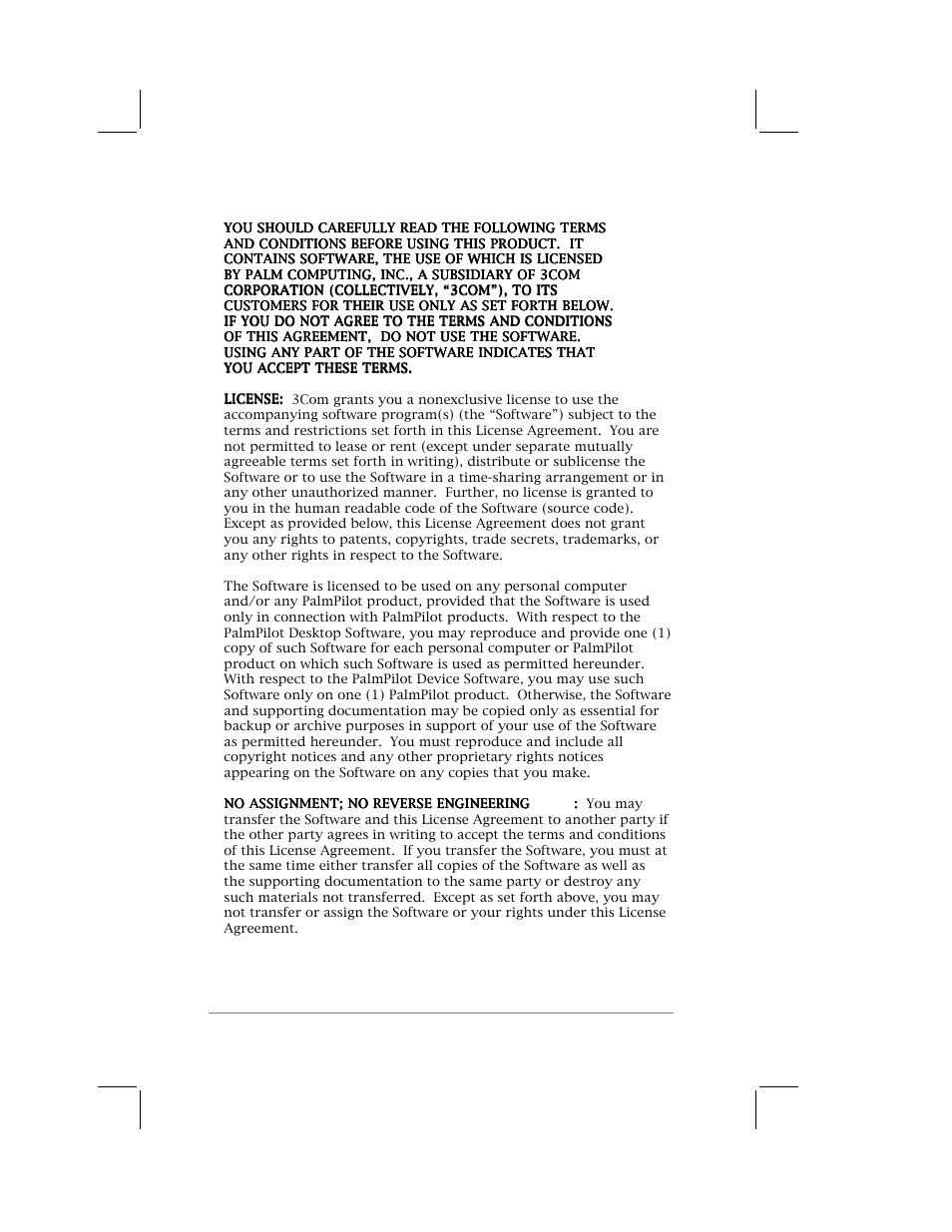 No assignment; no reverse engineering, 3com end user software license agreement | 3Com PalmPilot Professional Handbook User Manual | Page 64 / 75