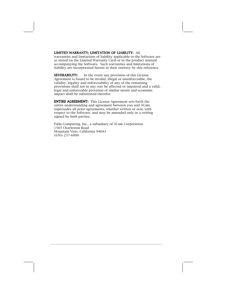 Limited warranty; limitation of liability, Severability, Entire agreement | 3Com PalmPilot Professional Handbook User Manual | Page 66 / 75