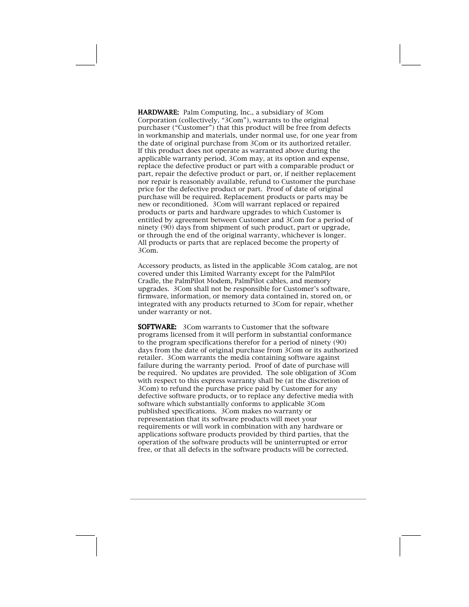 Hardware, Software, Limited warranty | 3Com PalmPilot Professional Handbook User Manual | Page 67 / 75