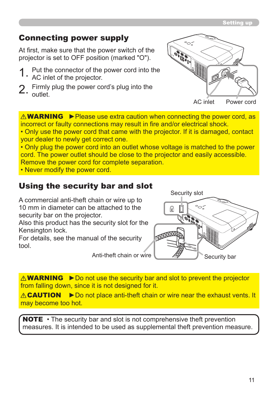 Connecting power supply, Using the security bar and slot | Dukane Projector 8912H User Manual | Page 11 / 66