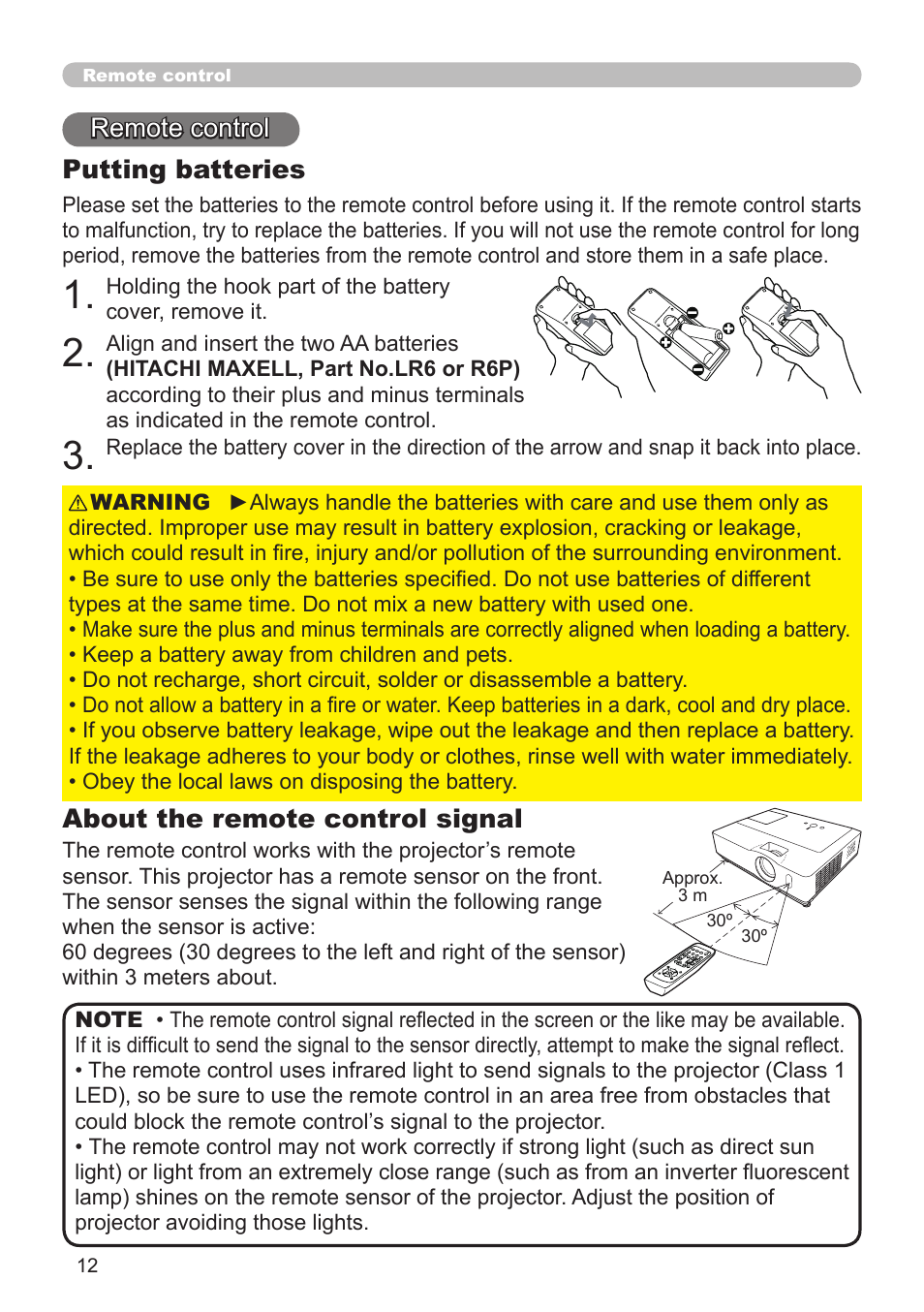 Remote control about the remote control signal, Putting batteries | Dukane Projector 8912H User Manual | Page 12 / 66