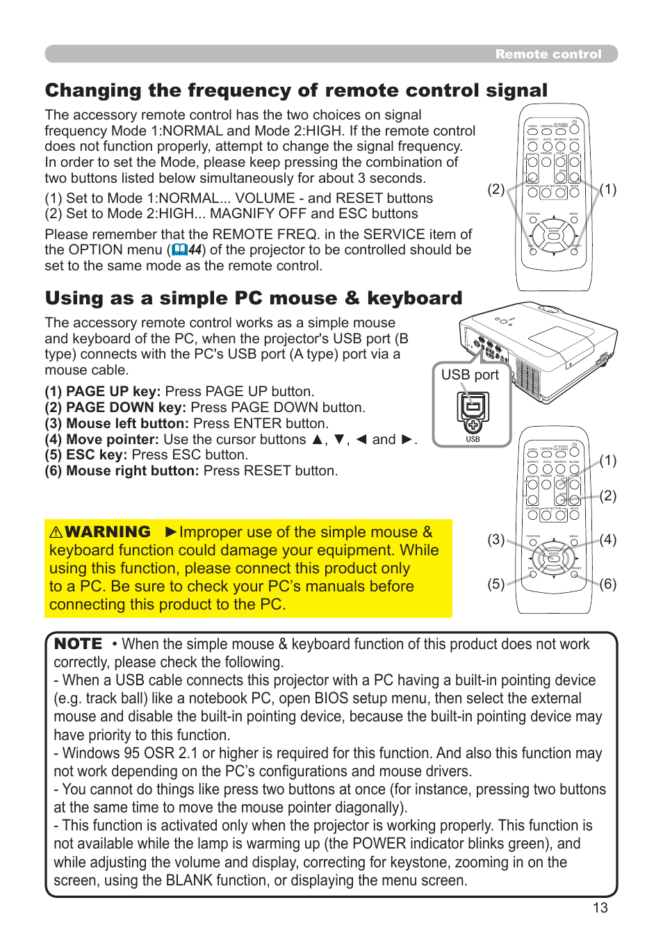 Changing the frequency of remote control signal, Using as a simple pc mouse & keyboard, Remote control | Dukane Projector 8912H User Manual | Page 13 / 66