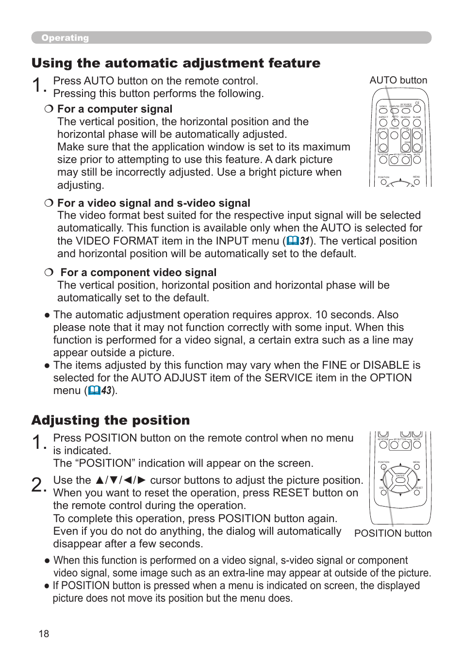 Adjusting the position, Using the automatic adjustment feature, Position button | Auto button, Operating | Dukane Projector 8912H User Manual | Page 18 / 66