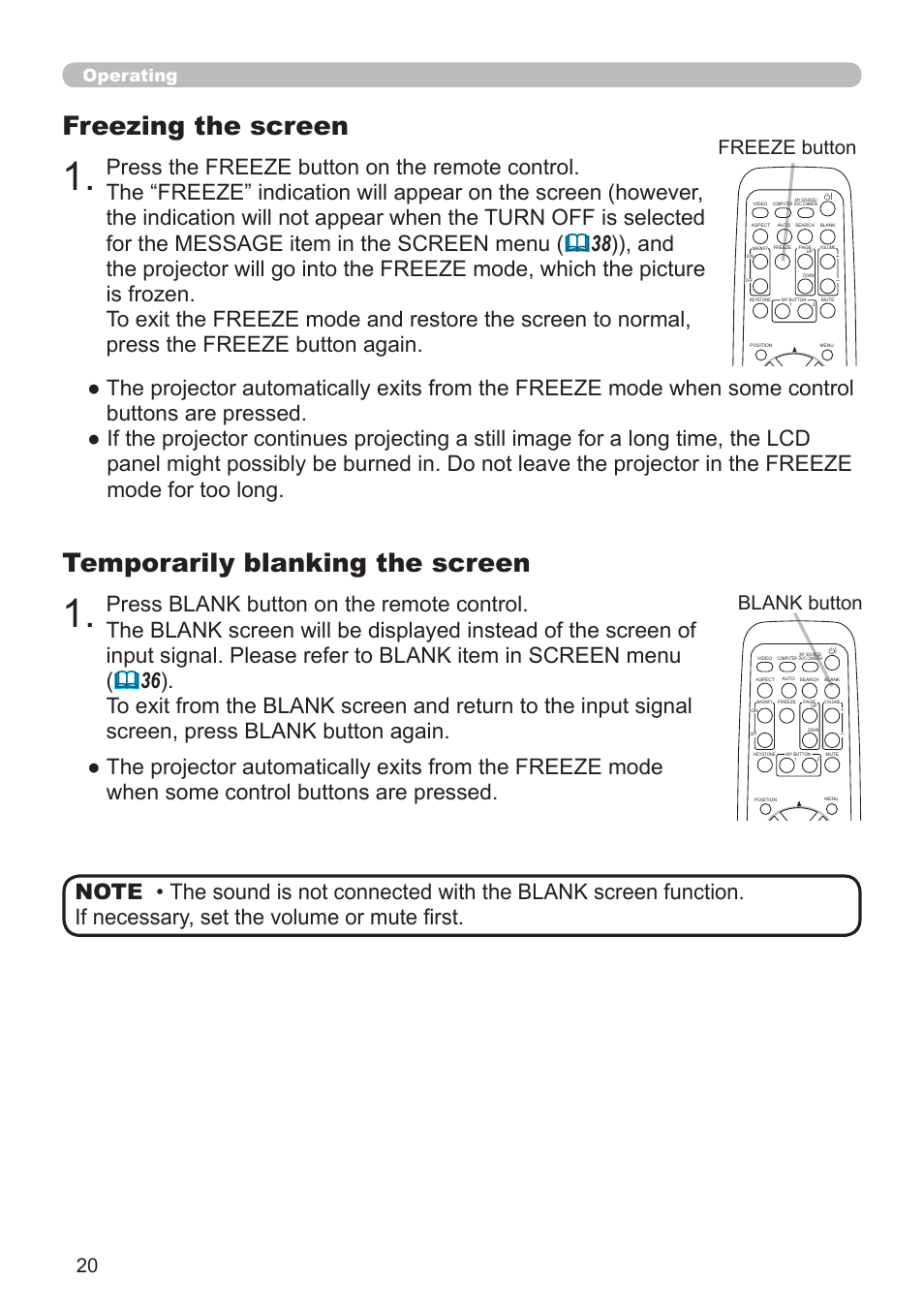 Temporarily blanking the screen, Freezing the screen, Freeze button | Blank button, Operating | Dukane Projector 8912H User Manual | Page 20 / 66