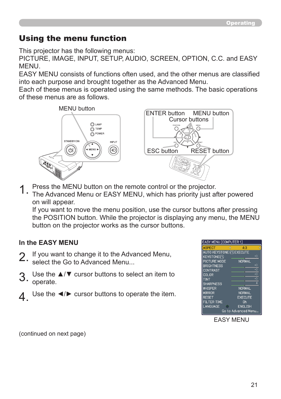 Using the menu function, Use the ◄/► cursor buttons to operate the item, Menu button | Esc button easy menu (continued on next page), Operating | Dukane Projector 8912H User Manual | Page 21 / 66