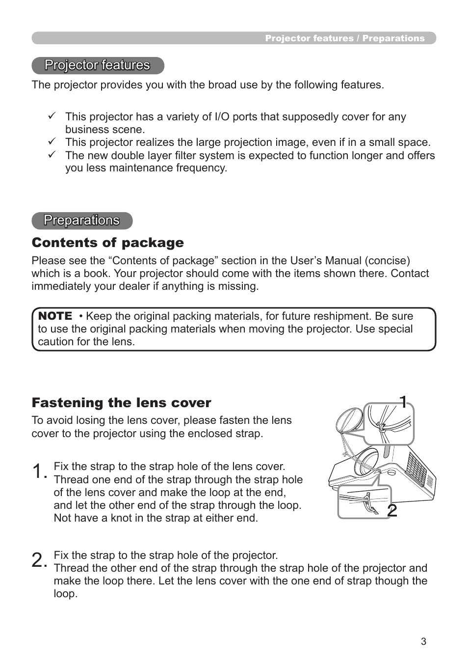 Projector features, Preparations contents of package, Fastening the lens cover | Dukane Projector 8912H User Manual | Page 3 / 66