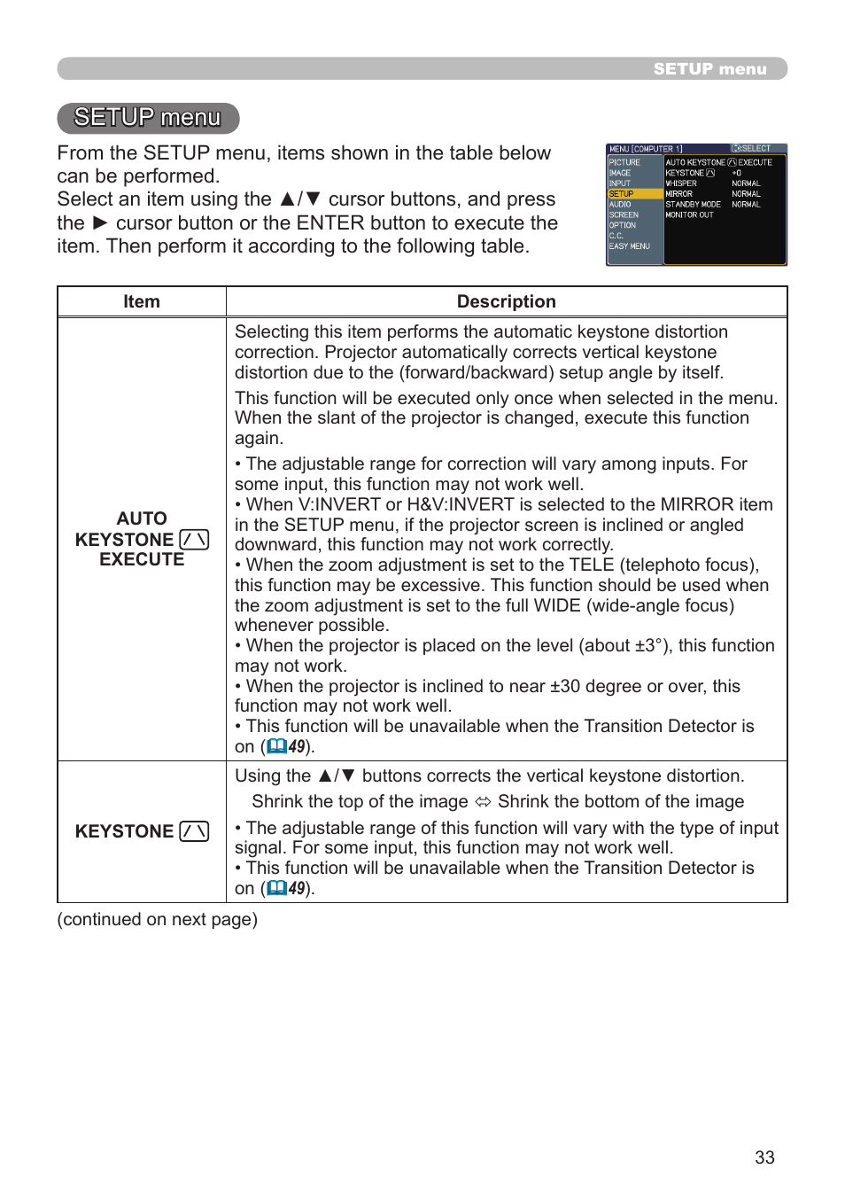 Setup menu | Dukane Projector 8912H User Manual | Page 33 / 66