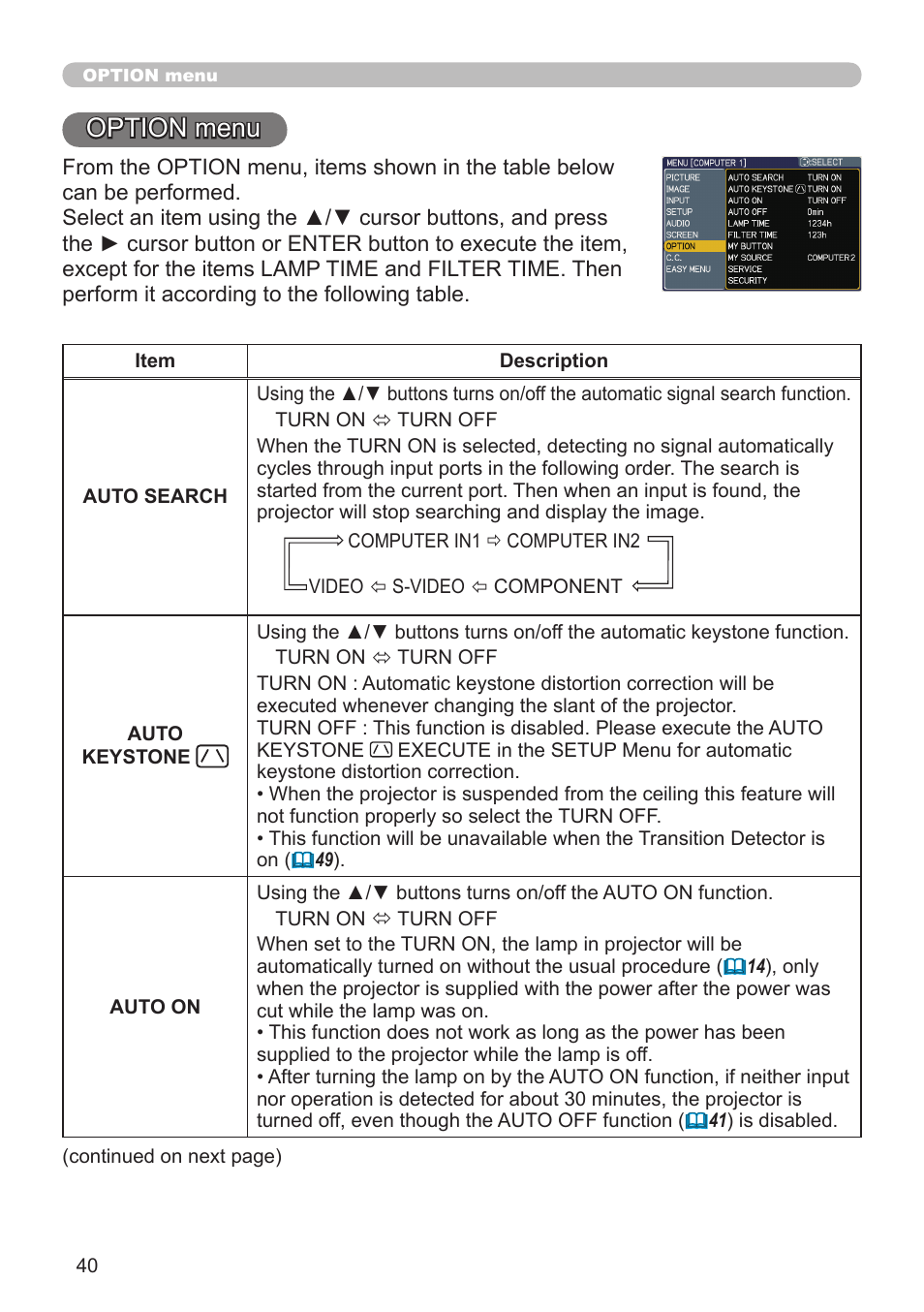 Option menu | Dukane Projector 8912H User Manual | Page 40 / 66