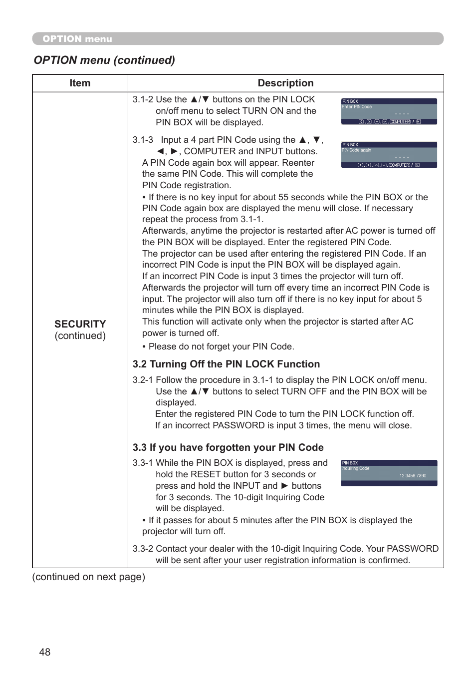 Option menu (continued) | Dukane Projector 8912H User Manual | Page 48 / 66