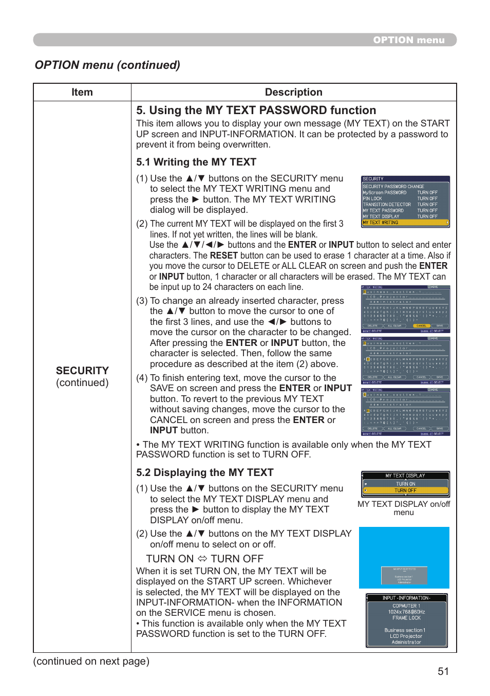 Using the my text password function, Option menu (continued) | Dukane Projector 8912H User Manual | Page 51 / 66