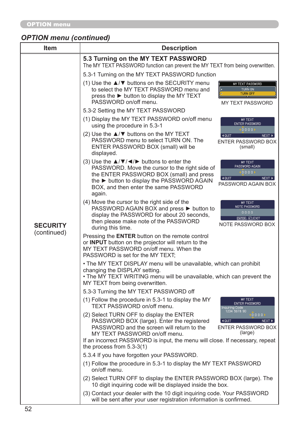 Option menu (continued) | Dukane Projector 8912H User Manual | Page 52 / 66