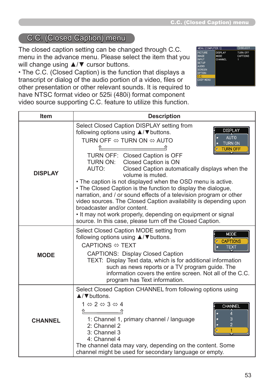 C.c. (closed caption) menu | Dukane Projector 8912H User Manual | Page 53 / 66