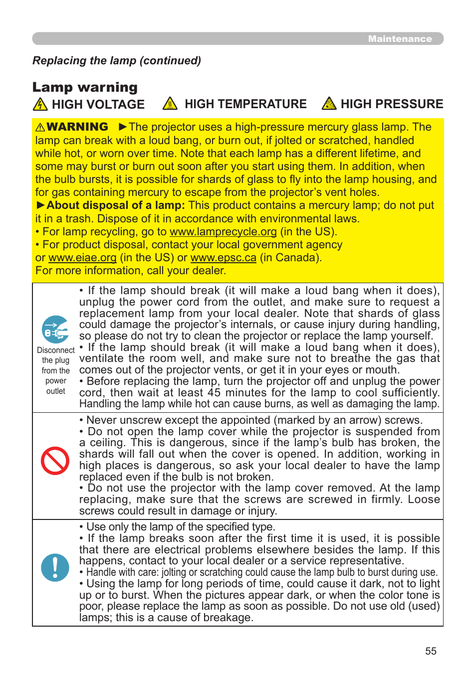 Lamp warning | Dukane Projector 8912H User Manual | Page 55 / 66