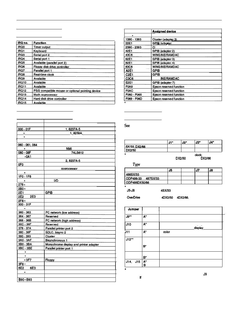 Hardware interrupts, System i/o address map, Jumper settings | Hardware interrupts system i/o address map, Epson progression 4 jumper settings | Epson Progression 4 User Manual | Page 6 / 8