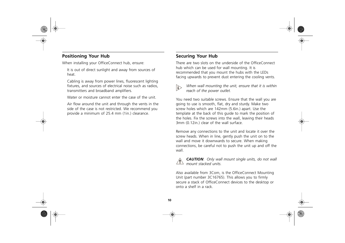 Positioning your hub, Securing your hub, Positioning your hub 10 | Securing your hub 10 | 3Com 3C16751A User Manual | Page 10 / 32