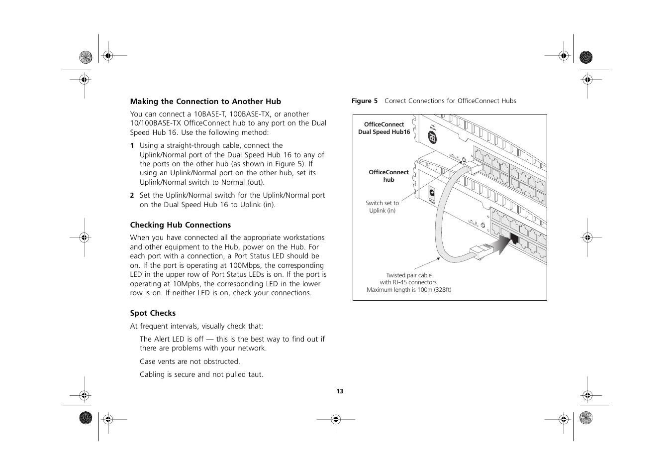 Making the connection to another hub, Checking hub connections, Spot checks | Making the connection to another hub 13, Checking hub connections 13, Spot checks 13 | 3Com 3C16751A User Manual | Page 13 / 32