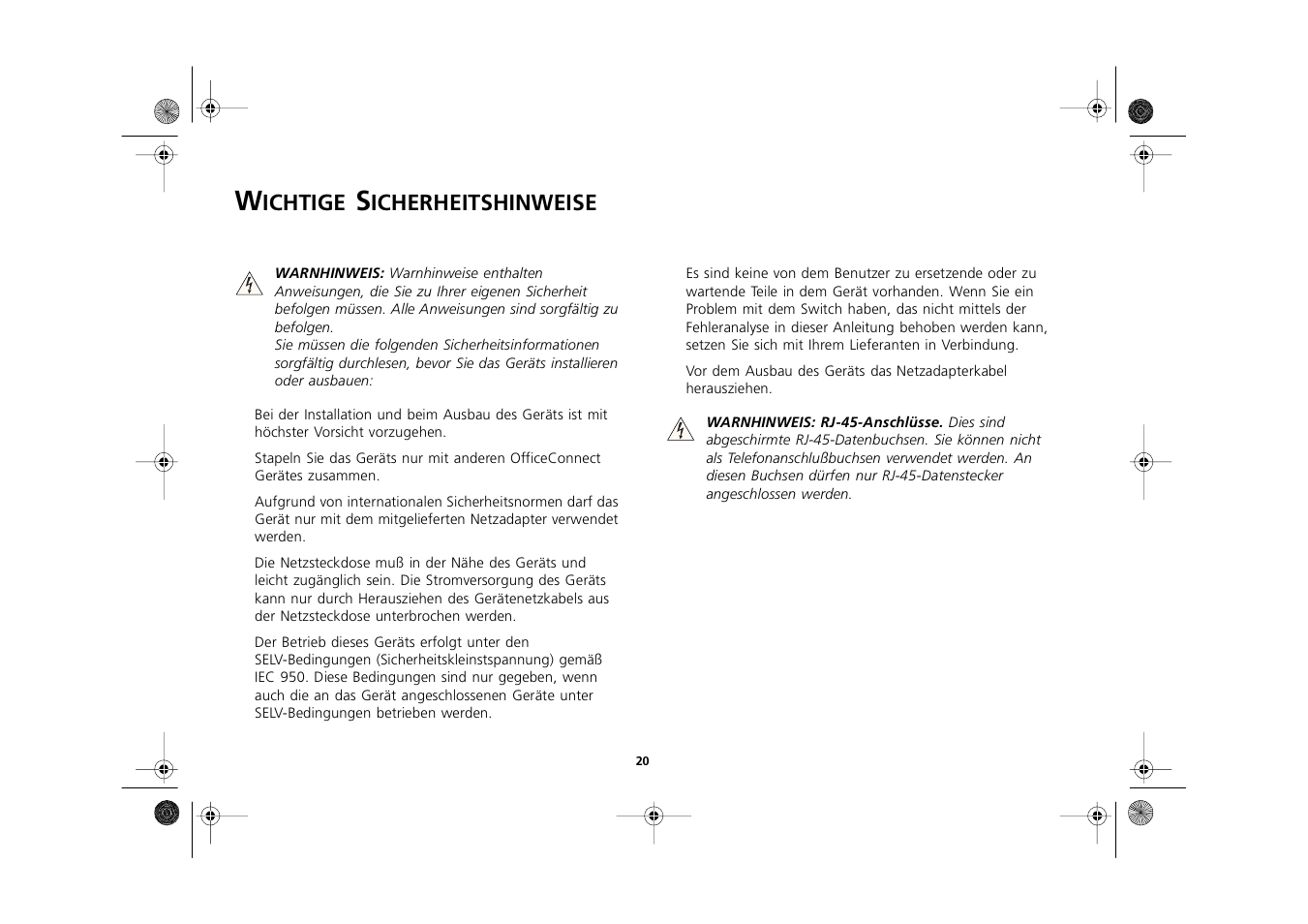 Wichtige sicherheitshinweise, Wichtige sicherheitshinweise 20, Ichtige | Icherheitshinweise | 3Com 3C16751A User Manual | Page 20 / 32