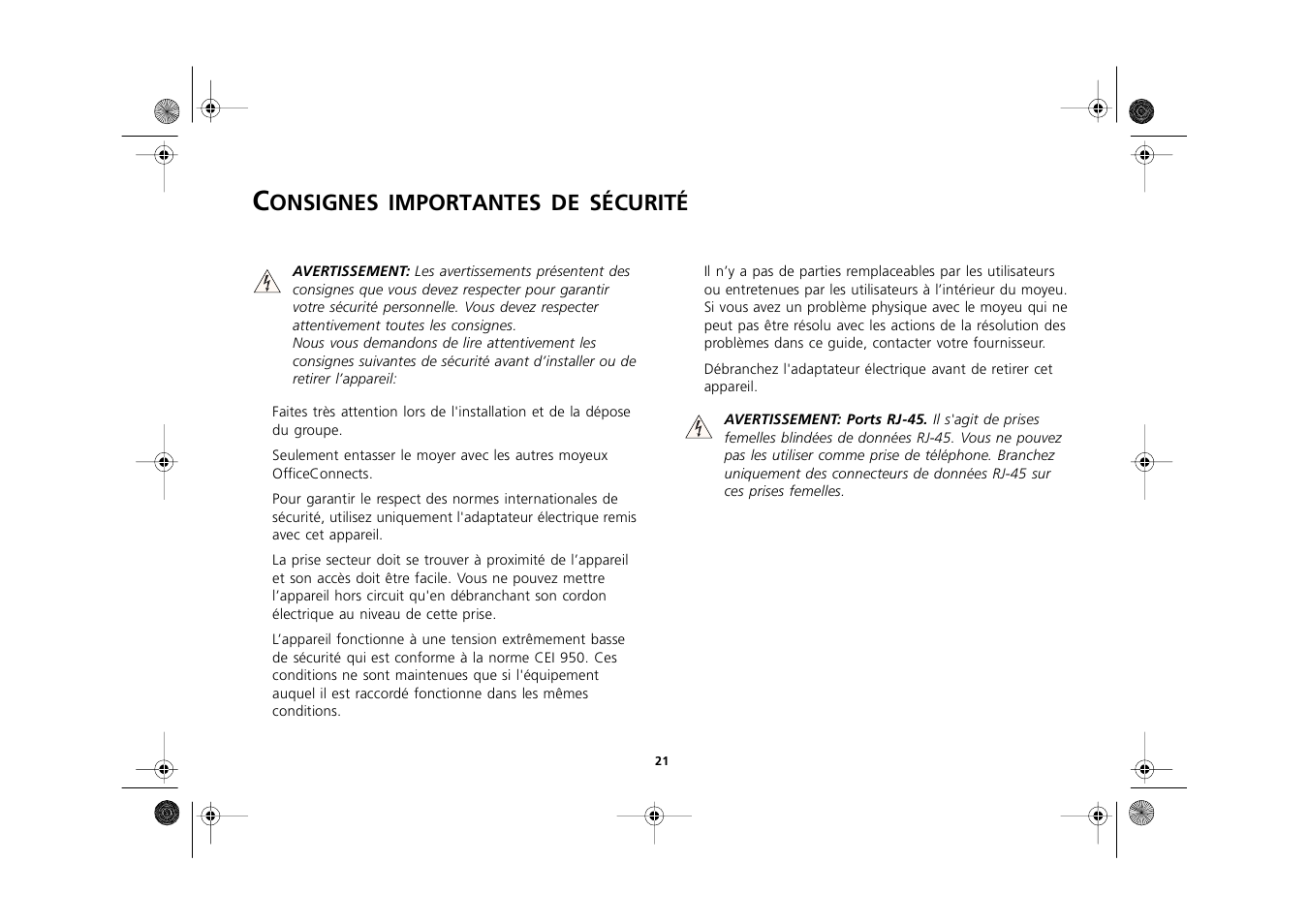 Consignes importantes de sécurité, Consignes importantes de sécurité 21, Onsignes | Importantes, Sécurité | 3Com 3C16751A User Manual | Page 21 / 32
