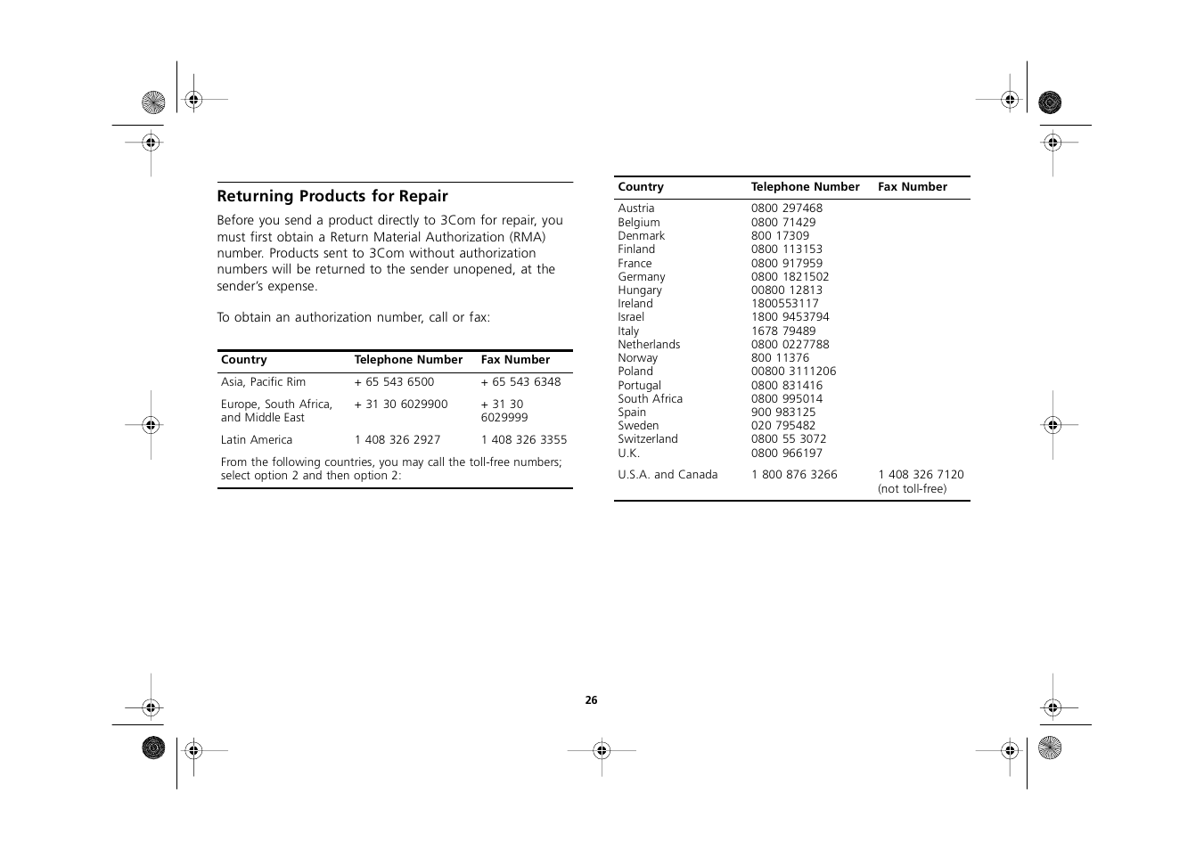 Returning products forrepair, Returning products for repair 26 | 3Com 3C16751A User Manual | Page 26 / 32