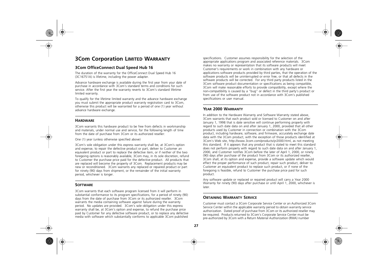 3com corporation limited warranty, 3com corporation limited warranty 27, 3com corporation l | 3Com 3C16751A User Manual | Page 27 / 32