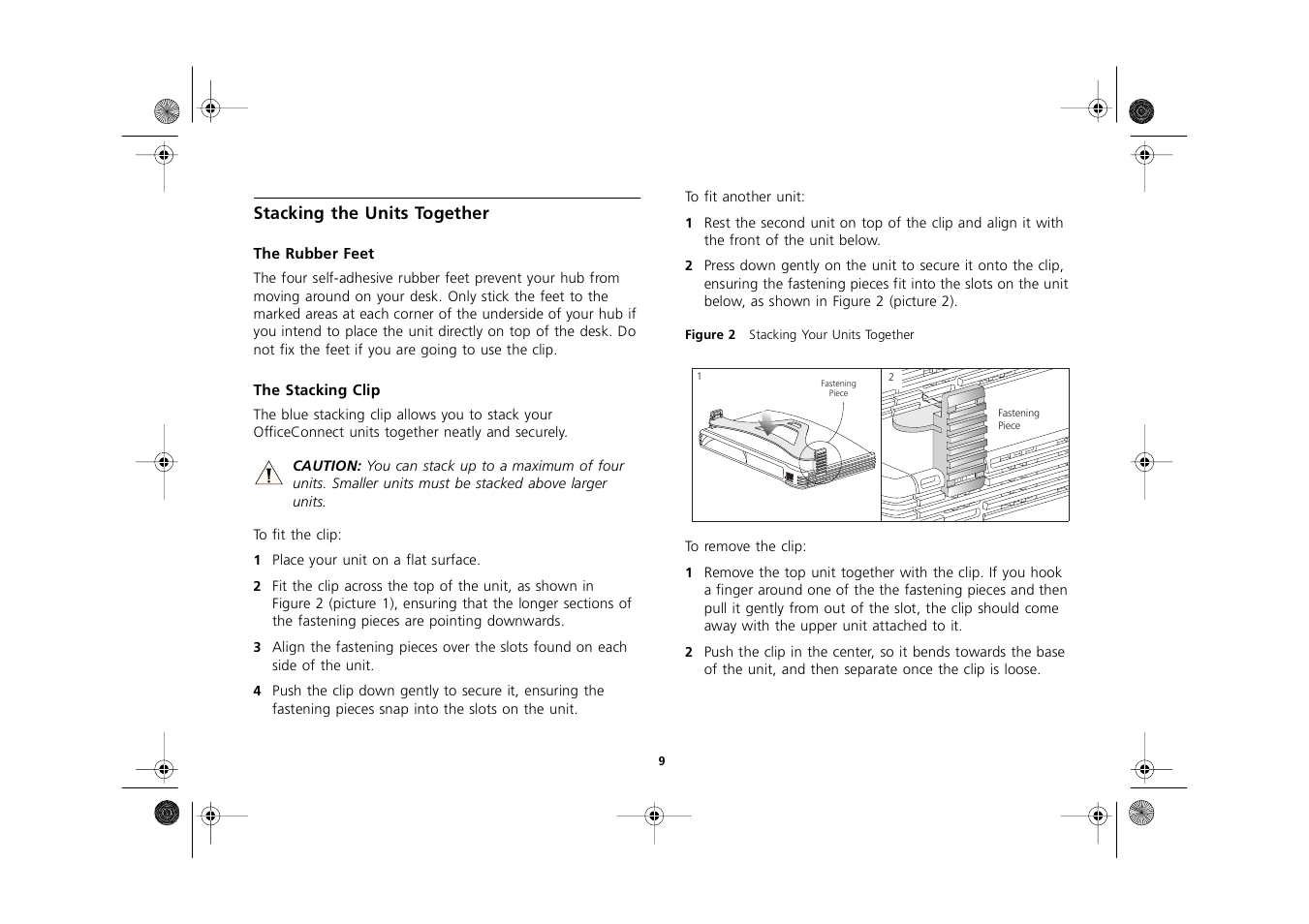 Stacking the units together, The rubber feet, The stacking clip | Stacking the units together 9, The rubber feet 9, The stacking clip 9 | 3Com 3C16751A User Manual | Page 9 / 32