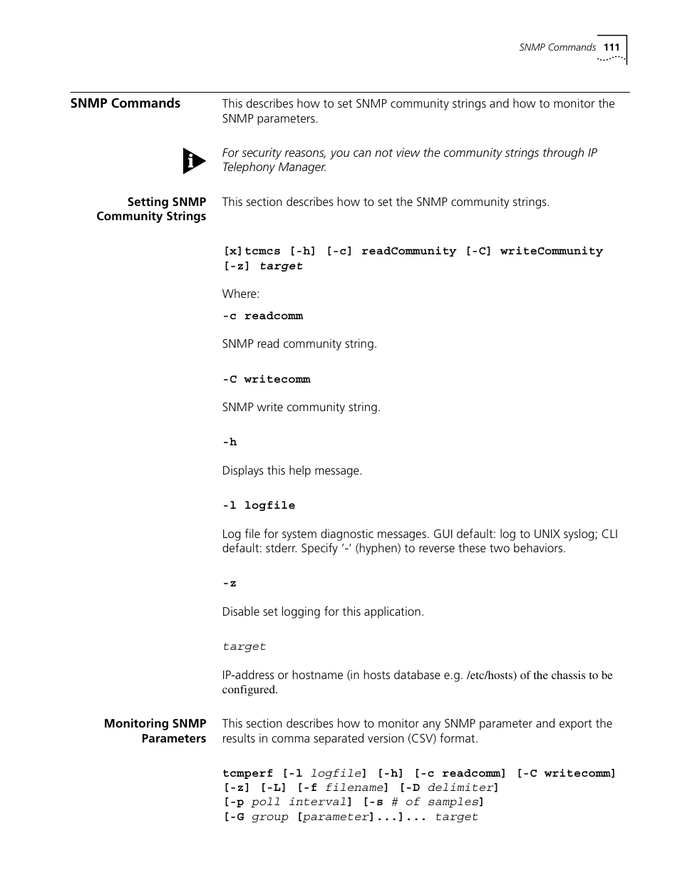 Snmp commands, Setting snmp community strings, Monitoring snmp parameters | 3Com CommWorks 5210 User Manual | Page 111 / 144