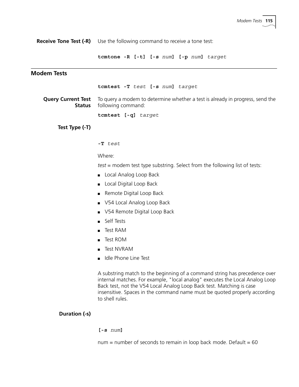 Receive tone test (-r), Modem tests, Query current test status | Test type (-t), Duration (-s) | 3Com CommWorks 5210 User Manual | Page 115 / 144